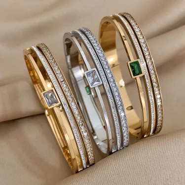 Luxury Stainless Steel Cuff Bracelet For Women Mens Gold Silver Color Couple Bracelets Green White Rhinestone Wide Bangle Gift 6