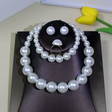 5 Women's Vintage Light Luxury French 5 Piece Imitation Pearl Jewelry Fashion Wedding Earring Bracelet Necklace Ring Set 3