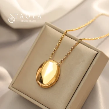 European and American Oval Pendant stainless steel Gold Color Long Necklace Fashion Jewelry Accessories Sweater Chian For Womens 1