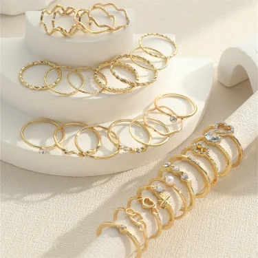 Fashion Simple Wave Joint Rings Set For Women Crystal Heart Shape Gold Silver Color Ring Female Party Jewelry 6