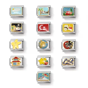Italian Links Stainless Steel Charms Bracelet Women Enamel Coconut Tree Holiday Scenery Frog Elephant Fit 9mm Making Jewelry 3