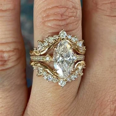 Huitan Gorgeous Marquise Cut Ring for Women 3Pc/Set Elegant Accessories Female Luxury Finger Jewelry for Wedding Ceremony Party 2