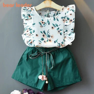 Bear Leader Kids Girl Clothes Fashion Sling Flower Bow Baby Girls Shirt + Stripe Shorts 2pcs Suit Children Clothing Sets 1