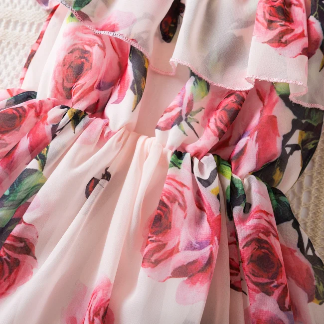 New Suspend Dress for Girls Print Dress Elegant Children Summer Casual Clothes Chiffon Kids Flower Tutu Princess Dresses 5