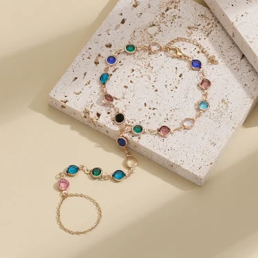 Exquisite Vintage Emerald Blue Crystal Boho Wrist Bracelet for Women Finger Ring Chain Charms Lady Trendy Aesthetic Jewelry Set 2