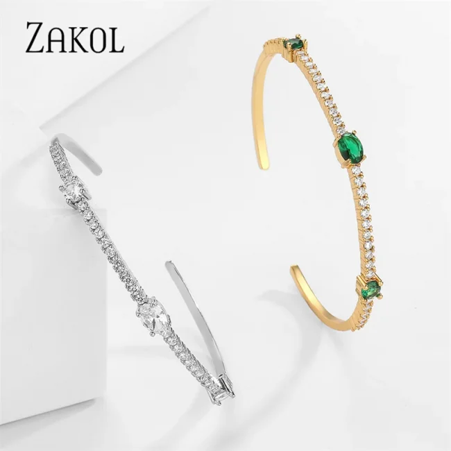 ZAKOL Fashion Green Zircon Cuff Bangles Bracelet for Women Oval Cubic Zirconia Gold Color Bracelets Christmas Party Jewelry 5