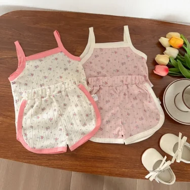 Baby Clothes Sets Summer Toddler Girl Strap Suits Cotton Printing Tops +Shorts Infant Tracksuit Newborn Sets 1
