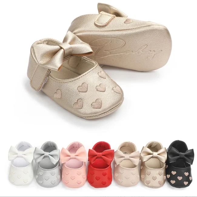 PU Leather Bowknot Baby Girls Shoes Cute Moccasins Heart Soft Sole Flat Shoes First Walkers Toddler Princess Footwear Crib Shoes 3