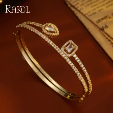 RAKOL Fashion Cubic Zirconia Square Water Drop Geometric Cuff Bangles Bracelet for Women Luxury Gold Color Wedding Party Jewelry 1