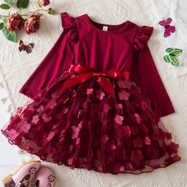 Fall Dress for Girls Pink Princess Dresses Elegant Children Birthday Party Costume for Long Sleeve 2-6Y Children's Autumn Clothe 6