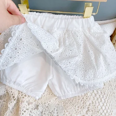 2PCS Kids Sets Summer Girl Clothes Children Hollow Lace Sleeveless Tops Shorts Set Fashion Baby Girl Cardigan Fake Two Suit 5