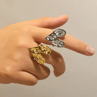 Stainless Steel Hammer Pattern Big Heart Opening Golden Ring for Women Fashion Accessories Texture Design Jewelry Birthday Gifts 3