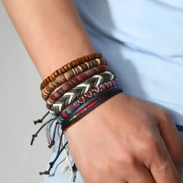 4Pcs/ Set Braided Wrap Leather Bracelets for Men Vintage Life Tree Rudder Charm Wood Beads Ethnic Tribal Wristband Rope Bracelet 4