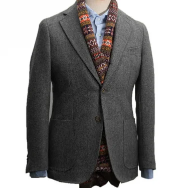 Formal Men's Wool Gray Suits Business Jacket Prom Green Tuxedos One Piece Herringbone Patterned Blazer for Wedding Groomsmen 1