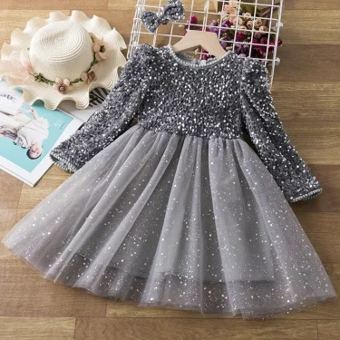 Girls Dress for Red Sequined Shining Princess Dress Autumn Full Sleeve Christmas Costume 3-8Yrs Kid Birthday Party Tulle Clothes 1