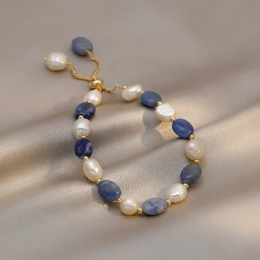 Vintage Sky Blue Natural Stone Natural Pearl Luxury Bracelet for Woman New Stainless Steel Cuff Bracelet Fashion Jewelry Gift 4