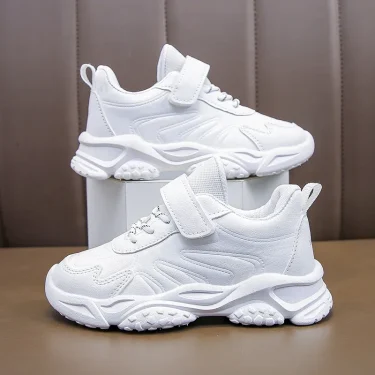 Children White Running Shoes Kids Fashion Sneakers PU Soft Breatheable Comfortable Boys Girls School Sports Shoes Size 26-37 4