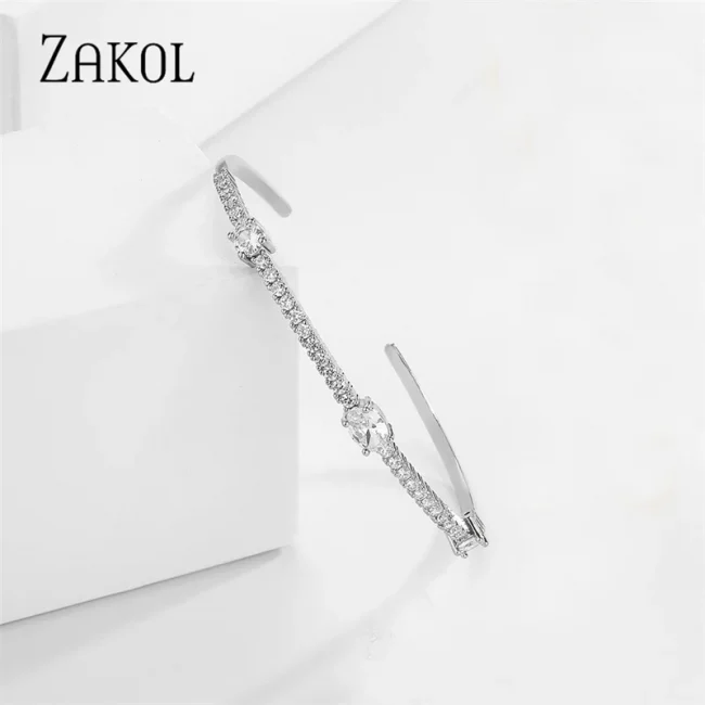 ZAKOL Fashion Green Zircon Cuff Bangles Bracelet for Women Oval Cubic Zirconia Gold Color Bracelets Christmas Party Jewelry 6