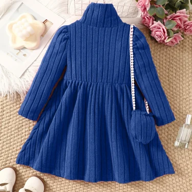 Girls' dress with soft texture fabric, high neck dress, small bag accessories, long sleeved dress, worn by 4-7 years old 6