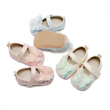 Princess Baby Girl Dress Shoes Soft Sole Rubber Anti-slip First Walker Shiny 3D Butterfly Mary Jane Flats Non-Slip Crib Shoes 5