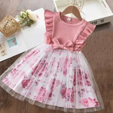 Summer Baby Girl's Dress 2024 New Flying Sleeves Dress Toddler Mesh Bow Flower Princess Holiday Dress Children's Clothes 1-5Year 3