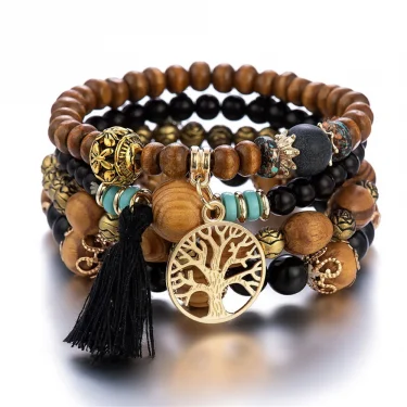 4Pcs/Set Boho Wooden Beaded Bracelet Set For Women Tree Of Life White Tassels Charm Elastic Chain Bangle Lady Bohemia Jewelry 5