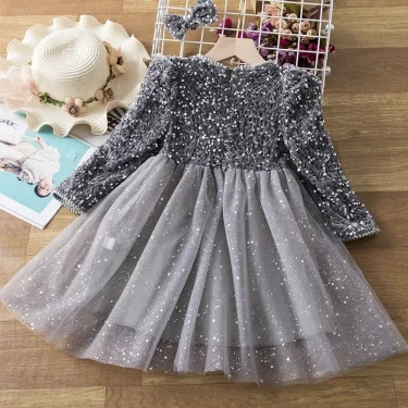 Girls Dress for Red Sequined Shining Princess Dress Autumn Full Sleeve Christmas Costume 3-8Yrs Kid Birthday Party Tulle Clothes 2