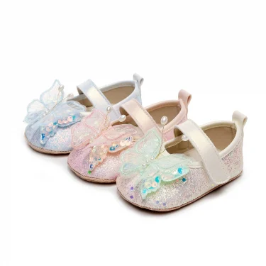 Princess Baby Girl Dress Shoes Soft Sole Rubber Anti-slip First Walker Shiny 3D Butterfly Mary Jane Flats Non-Slip Crib Shoes 4