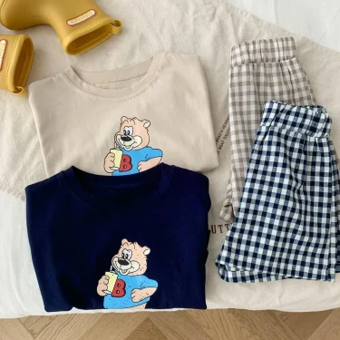 Short Sleeve Tshirt+Plaid Shorts 2 Piece/Set Kids Cartoon Print Short Sleeve Tracksuits For Boys And Girls Cute Summer Clothing 3