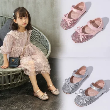 Kids Leather Shoe Spring Autumn Elegant Girls Party Shoes Fashion Sequins Bowtie Children Princess Shoes for Wedding Shallow 1