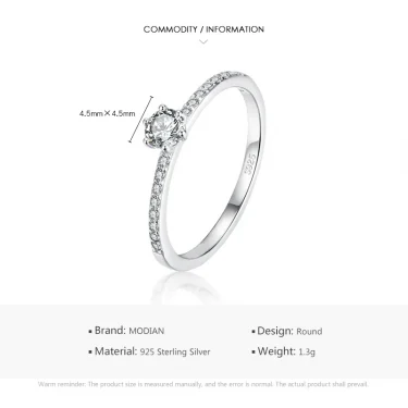 Modian Solid 925 Sterling Silver Simple Round Clear CZ Finger Rings For Women & Girls Cassic Wedding Statement Fine Jewelry Gift 3
