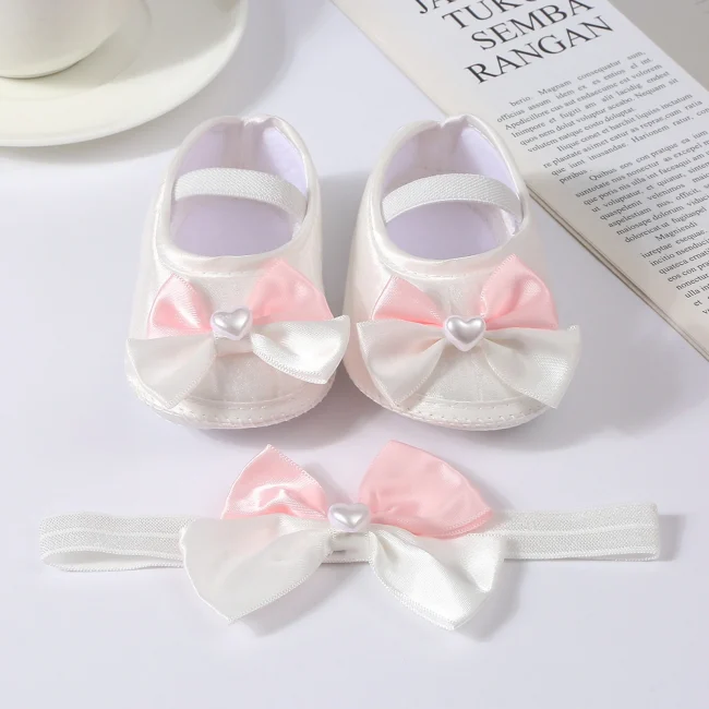 Baby Girls Baptism Shoes and Headband Cute Heart Pearl Bowknot Flats Crib Shoes and Hairband Set for Infants Toddlers 3
