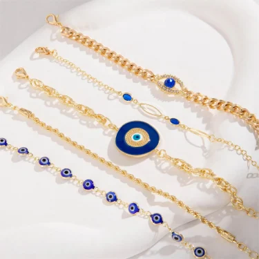 Tocona 5pcs/set Vintage Versatile Blue Rhinestone Bracelets for Women Faswhion Blue Eye Beaded Alloy Bangles Jewelry 25977 4