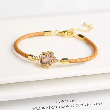 Classic Genuine Leather Woven Natural Stone Five Leaf Flower Charm Bracelet Fashion for Women Girls Party Wedding Jewelry Gift 4