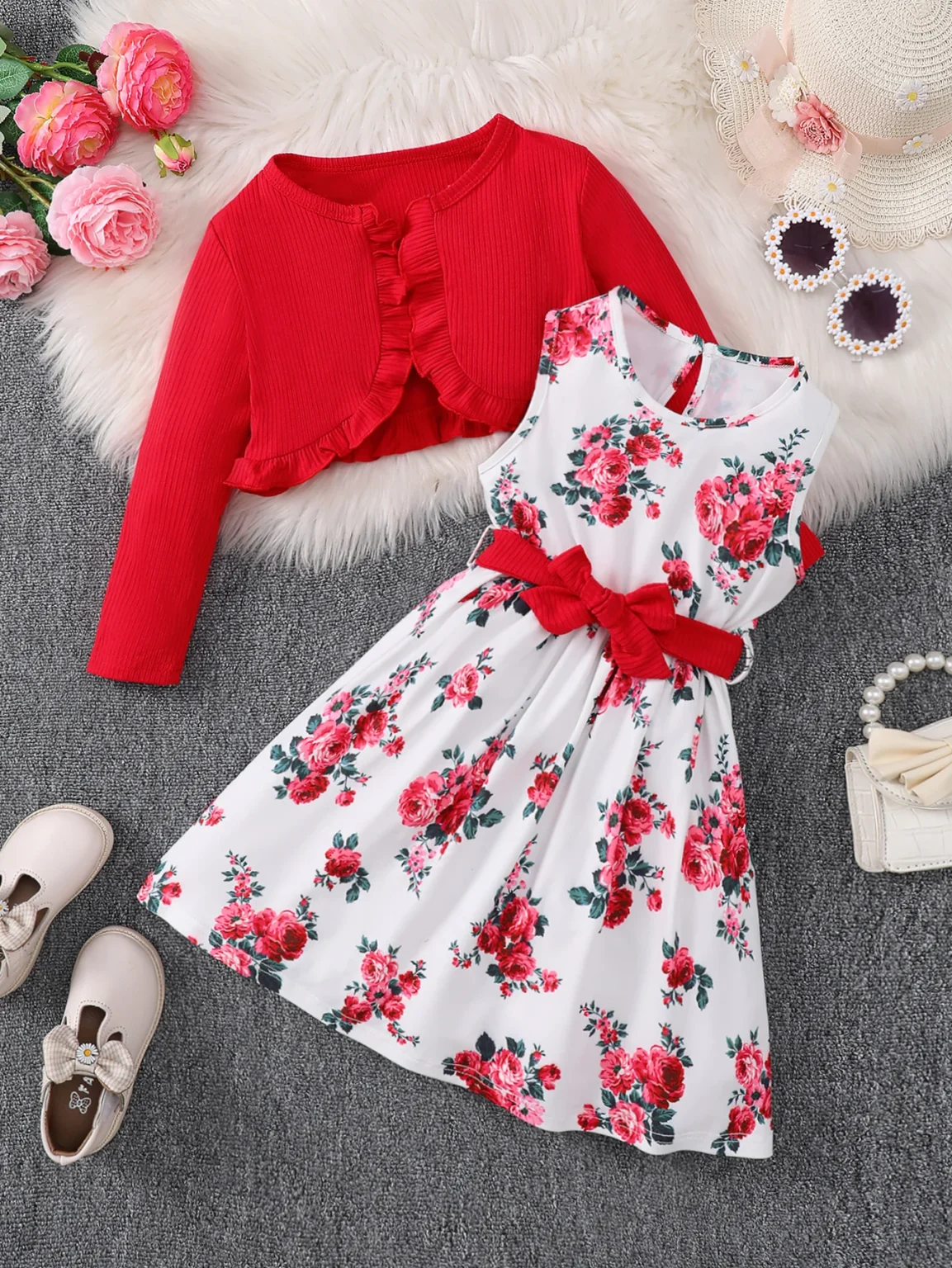 4-7 Years Kids Girls 2PCS Dress Set Solid Knitted Overcoat+Floral Sleeveless Dress with Belt Photography Style Princess Clothing 4