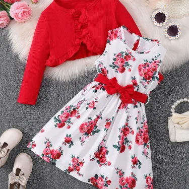4-7 Years Kids Girls 2PCS Dress Set Solid Knitted Overcoat+Floral Sleeveless Dress with Belt Photography Style Princess Clothing 4