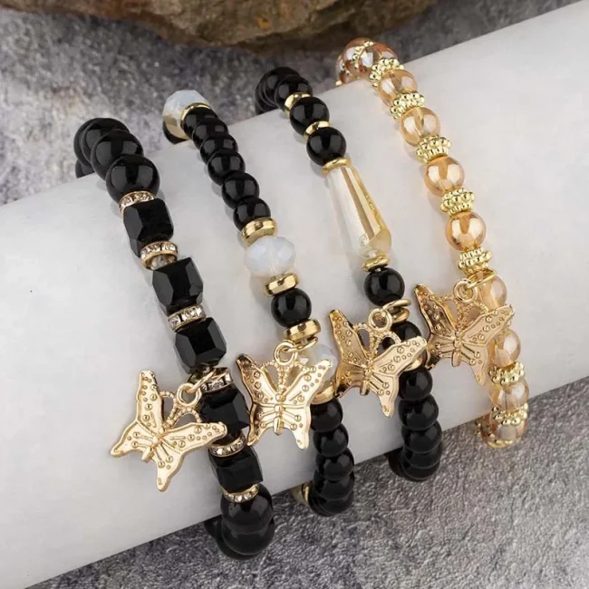 4Pcs Bohemia Butterfly Charm Bracelet Set For Women Acrylic Beads Elastic Chain Bangle Men Wristband Fashion Party Jewelry Gift 2