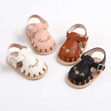 Newborn Infant Baby Girl PU Leather Embroidery Flower Sandals Summer Soft Sole Flat Princess Shoes Infant Non-Slip First Walkers 3