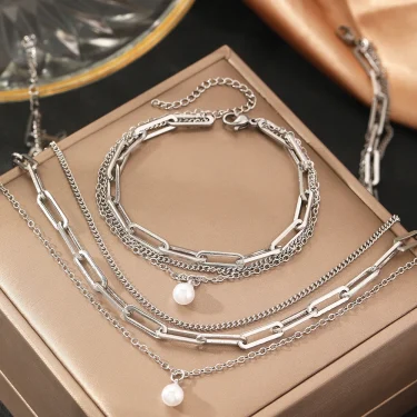 Stainless Steel Jewelry Set Elegant Delicate Pearl Pendant Jewelry Set Luxury Multi-Layer Chain Jewelry Set For Women Jewelry 6