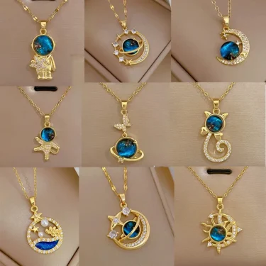 Light Luxury Titanium Steel Star Series Necklace for Women Gold Color Planet Moon Astronaut Pendant Necklaces Jewelry Gifts 1