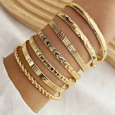 7 Pcs/Set Vintage Elegant Hexagon Star Twist Design Bangle Bracelet Golden Color Hand Jewelry Gift 1