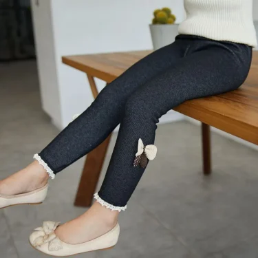 New Autumn Winter Girls Jean Pants Warm Children Leggings Thicken Velvet Bowknot Kids Trousers Baby Girl Pants Icing Leggings 3