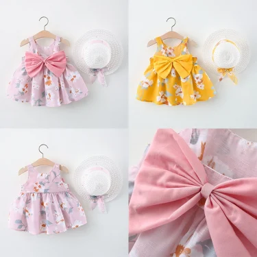 Summer New Floral Beach Party Baby Girl Dress, Sweet Bow Children'S Clothing With Free Hat（9 Months - 3 Years Old） 2