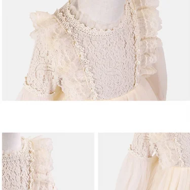 Spring Autumn Kids Girls Dresses Lantern Sleeve Lace Princess Dress Pearl Sweet O-neck Mesh Party Children's Clothing Vestidos 6