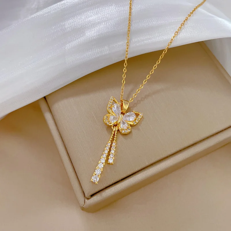 Exquisite Micro Inlaid Zircon Butterfly Tassel Necklace For Women Stainless Steel Moon Butterfly Flower Clavicle Choker Jewelry 2