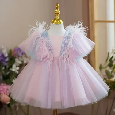 New Summer Children's Girl Party Dress Bubble Sleeves Bridesmaid Wedding Flower Princess Dresses Kids Formal Clothing 1