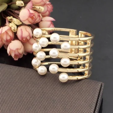 Big Imitation Pearl Bracelets Cuff Bangles For Women Statement Alloy Bracelet Charm Accessories Jewelry Gift 4