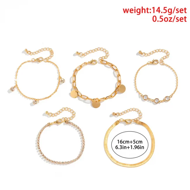 Boho Flat Snake Bone Chain Rhinestone Sequin Pendant Bracelet Set Lady Geometric Fashion Bracelets Combination Girl Jewelry 6