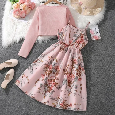 2Pcs Sets Children Girls Clothes Set Sling Floral Dress Pink Long Sleeves Overcoat Costume Summer Dress for Kids Girl 8-12 Years 3