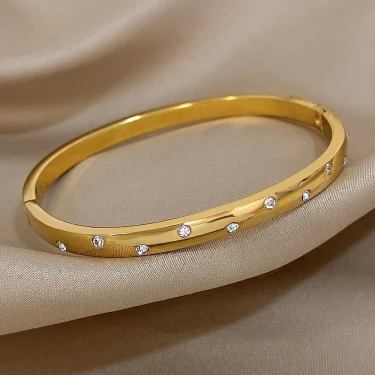 Thin Stainless Steel Round Rhinestones Bangle Bracelet for Women Minimalist Cuff Bangles Waterproof Stackable Jewelry Gifts 5